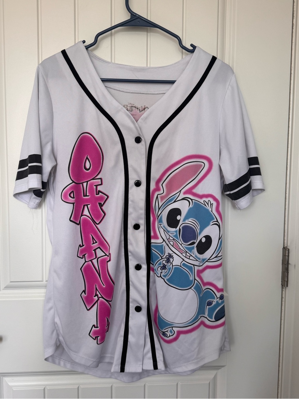 Disney Lilo & Stitch‎ Ohana Baseball Jersey Button Front White Pink XL